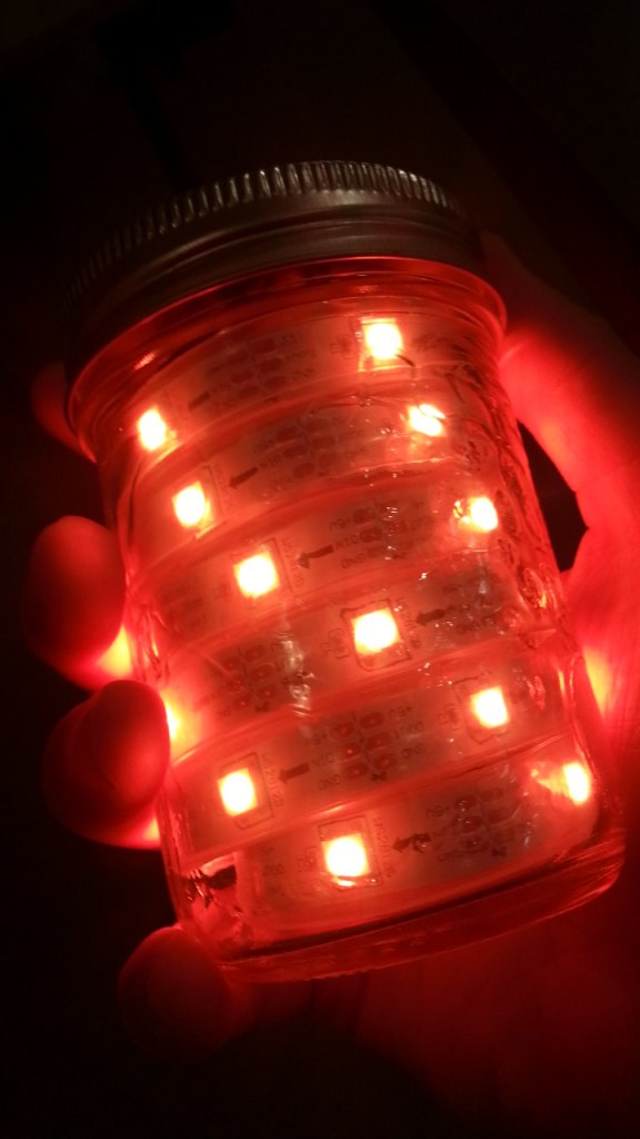The light uses a 30 LED programmable NeoPixel strip from AdaFruit.